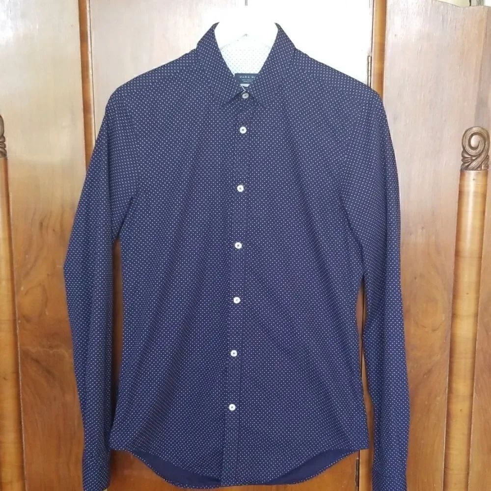 Zara Man Slim Fit Navy/White Polka Dot Shirt,S